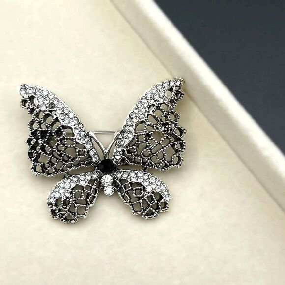 Silver with Onyx and White Diamond Crystal Filigree Butterfly Pin Back Brooch - Picture 4 of 7